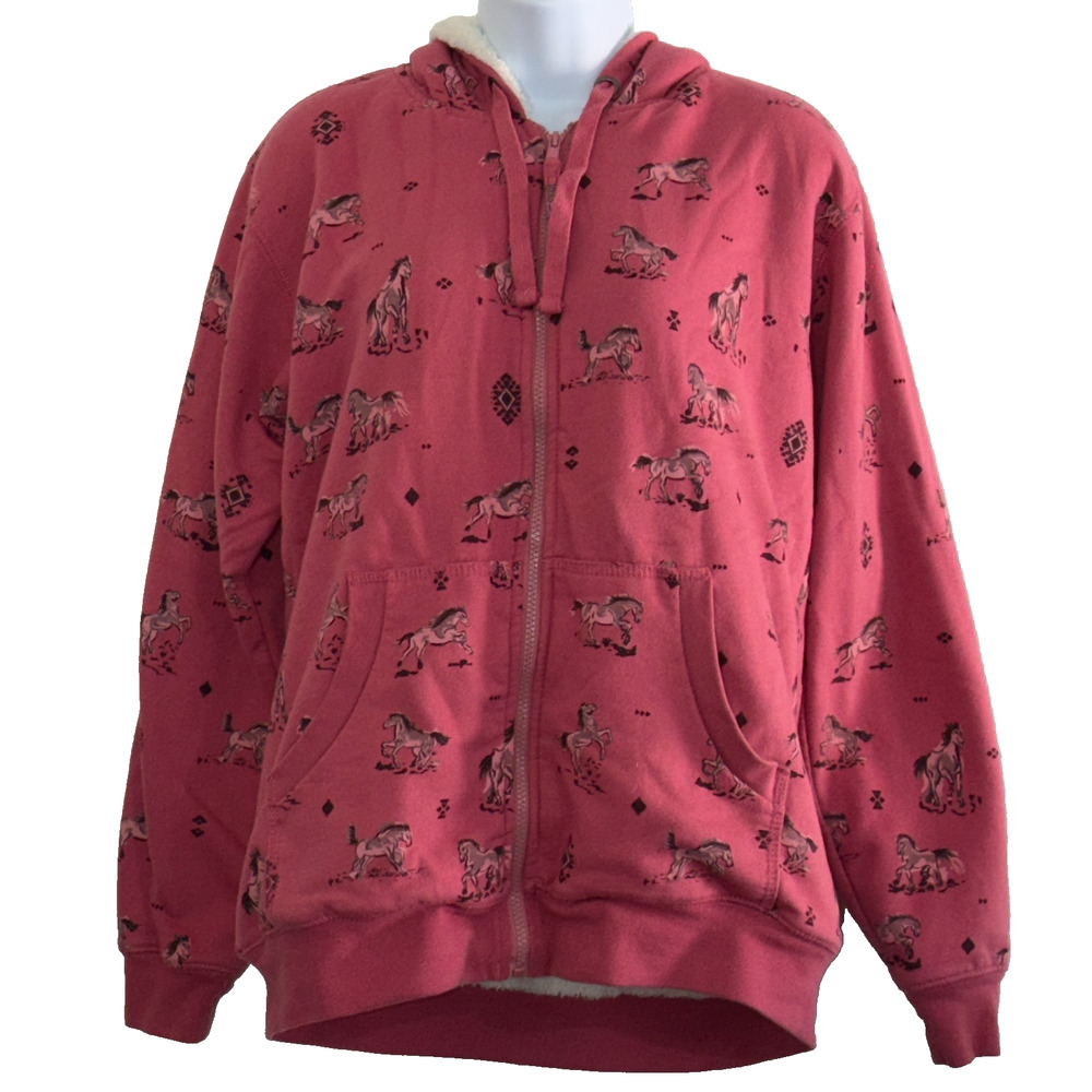 Blue Mountain Hoodie Womens L Pink Horse Print Sherpa Lined Zip Up Sweatshirt